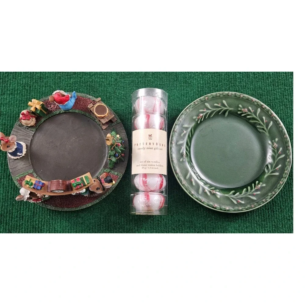 3 PACK Pottery Barn Candy Mint Gift Set Votive Candles & Holders Christmas Holid